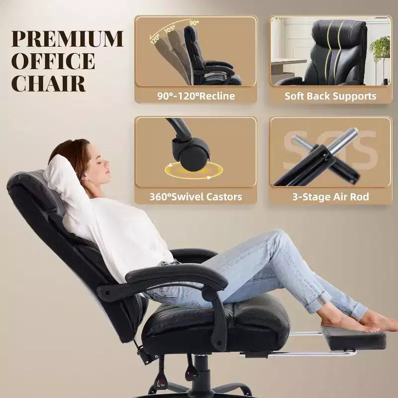 Ergonomic Office Chair,PU Gaming Chair,Adjustable Height 90 to 135 Degree Reclining, Backrest 360 Degree Swivel Wheels,350 Lbs Capacity for Office