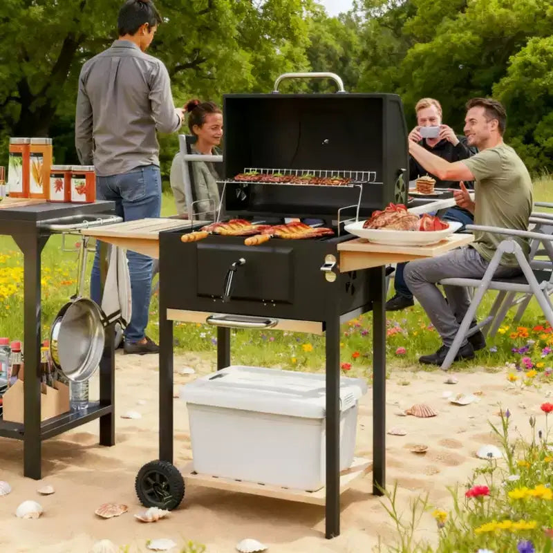 Black Outdoor Portable Charcoal BBQ Grill, Compact Cooker with Ventilation Control, Durable Steel Construction for Camping, Patio & Backyard