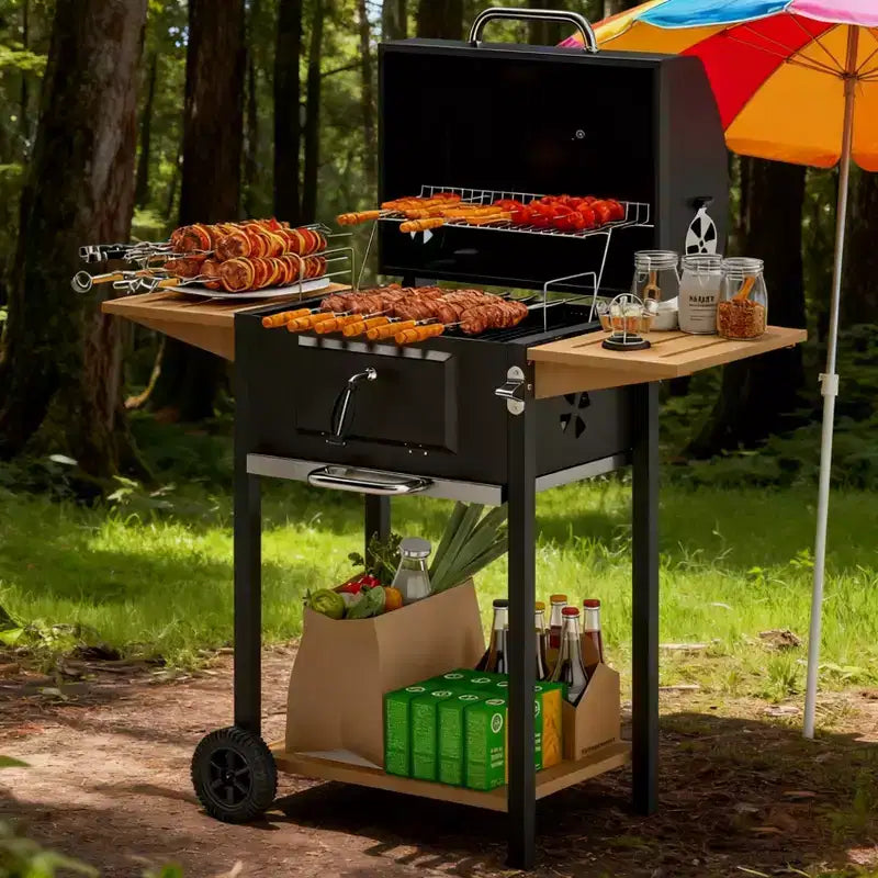 Black Outdoor Portable Charcoal BBQ Grill, Compact Cooker with Ventilation Control, Durable Steel Construction for Camping, Patio & Backyard