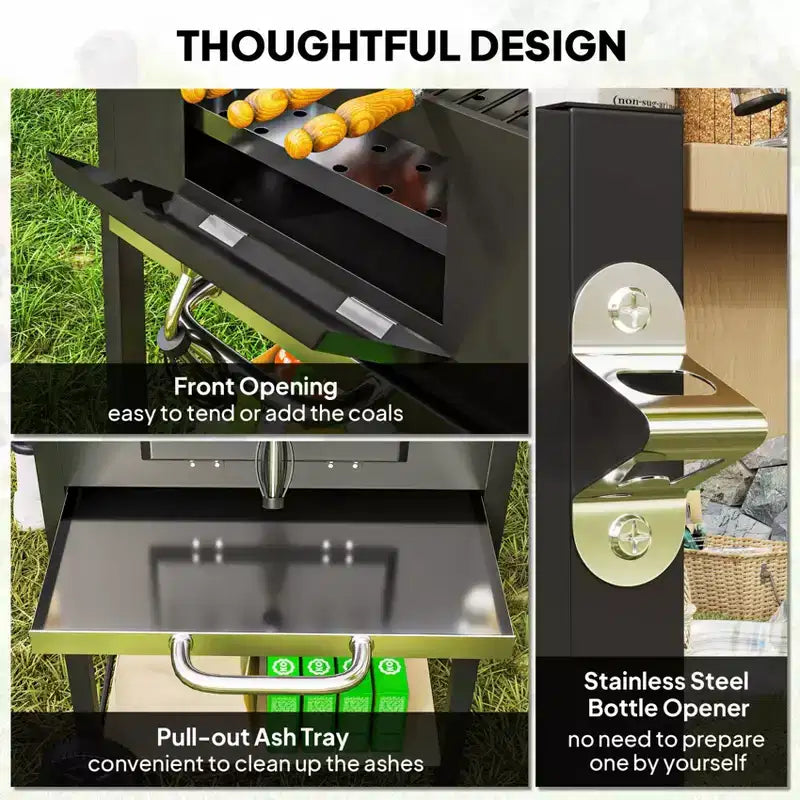 Black Outdoor Portable Charcoal BBQ Grill, Compact Cooker with Ventilation Control, Durable Steel Construction for Camping, Patio & Backyard