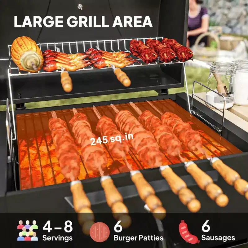 Black Outdoor Portable Charcoal BBQ Grill, Compact Cooker with Ventilation Control, Durable Steel Construction for Camping, Patio & Backyard