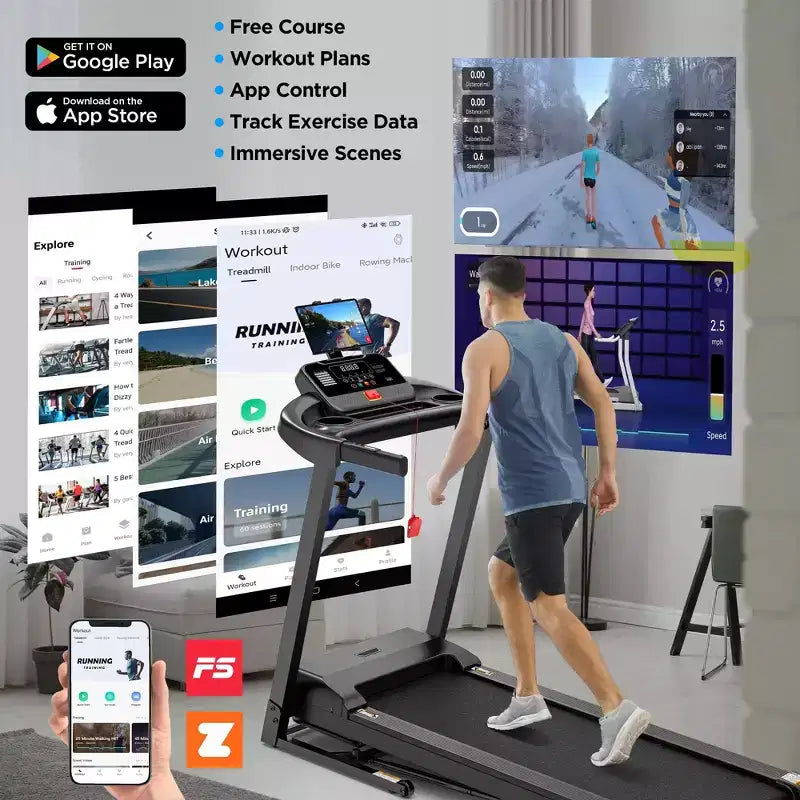 Tapis de course pliable 3,7 CV en liquidation pour la maison avec contrôle via application, capacité de 136 kg, inclinaison réglable, 71 programmes, tapis de course électrique