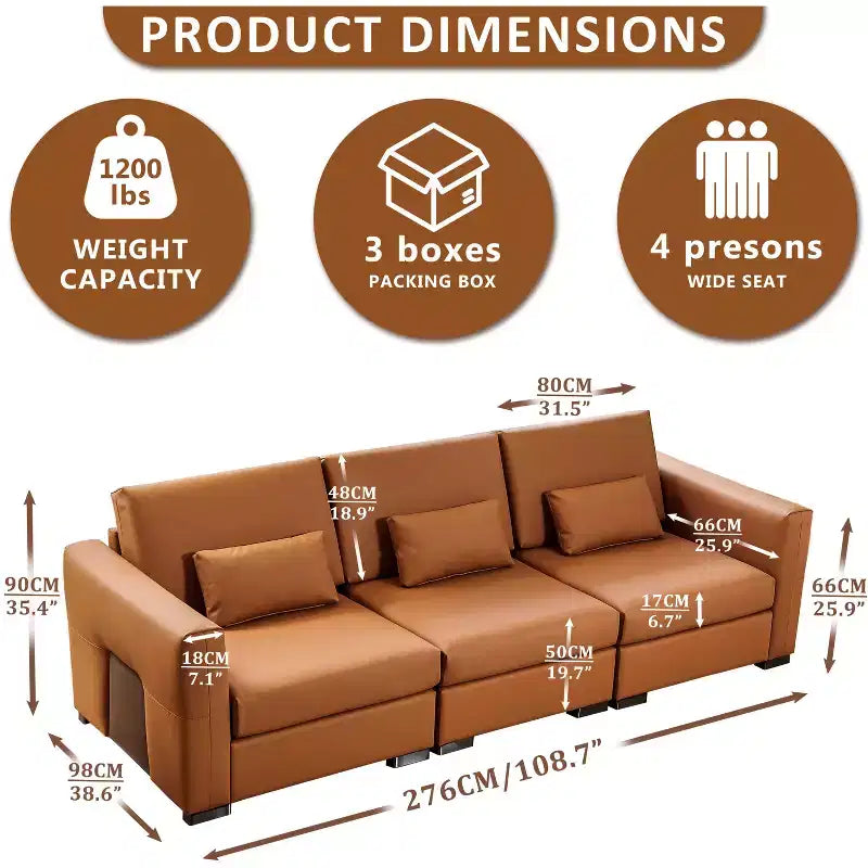 ATJafurn 108.7 Canapé en cuir orange avec larges accoudoirs carrés, canapé rembourré 4 places de style moderne du milieu du siècle avec pieds en métal et 3 oreillers, pour salon