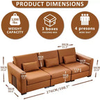 ATJafurn 108.7 Canapé en cuir orange avec larges accoudoirs carrés, canapé rembourré 4 places de style moderne du milieu du siècle avec pieds en métal et 3 oreillers, pour salon