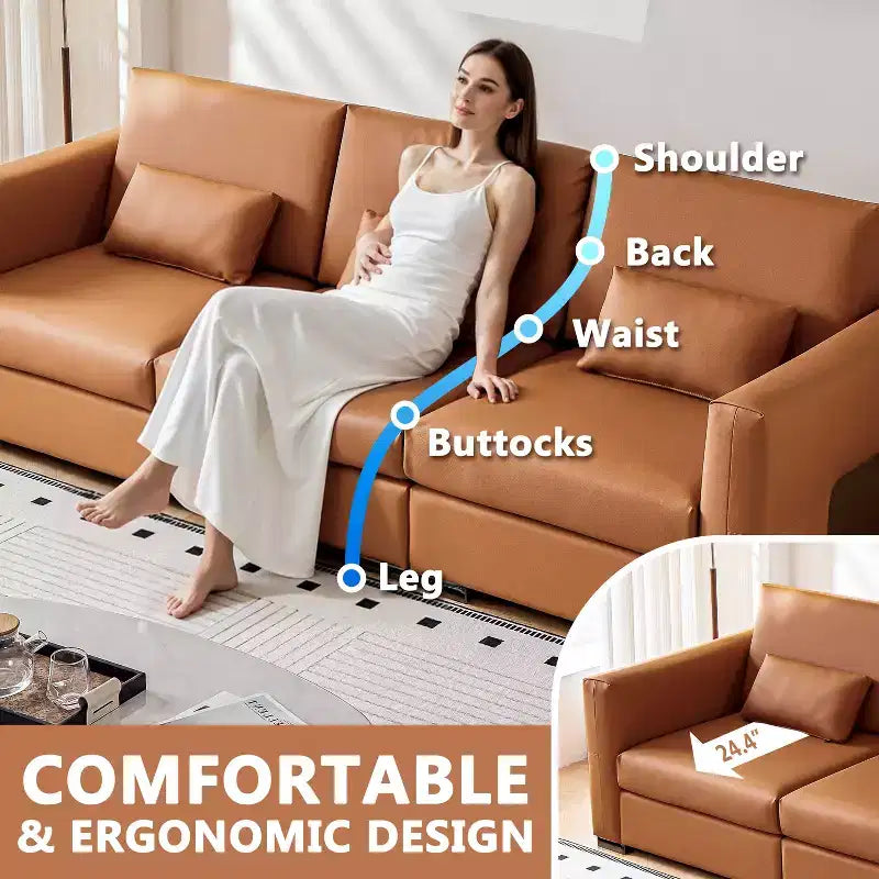 ATJafurn 108.7 Canapé en cuir orange avec larges accoudoirs carrés, canapé rembourré 4 places de style moderne du milieu du siècle avec pieds en métal et 3 oreillers, pour salon