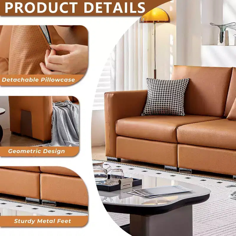 ATJafurn 108.7 Canapé en cuir orange avec larges accoudoirs carrés, canapé rembourré 4 places de style moderne du milieu du siècle avec pieds en métal et 3 oreillers, pour salon
