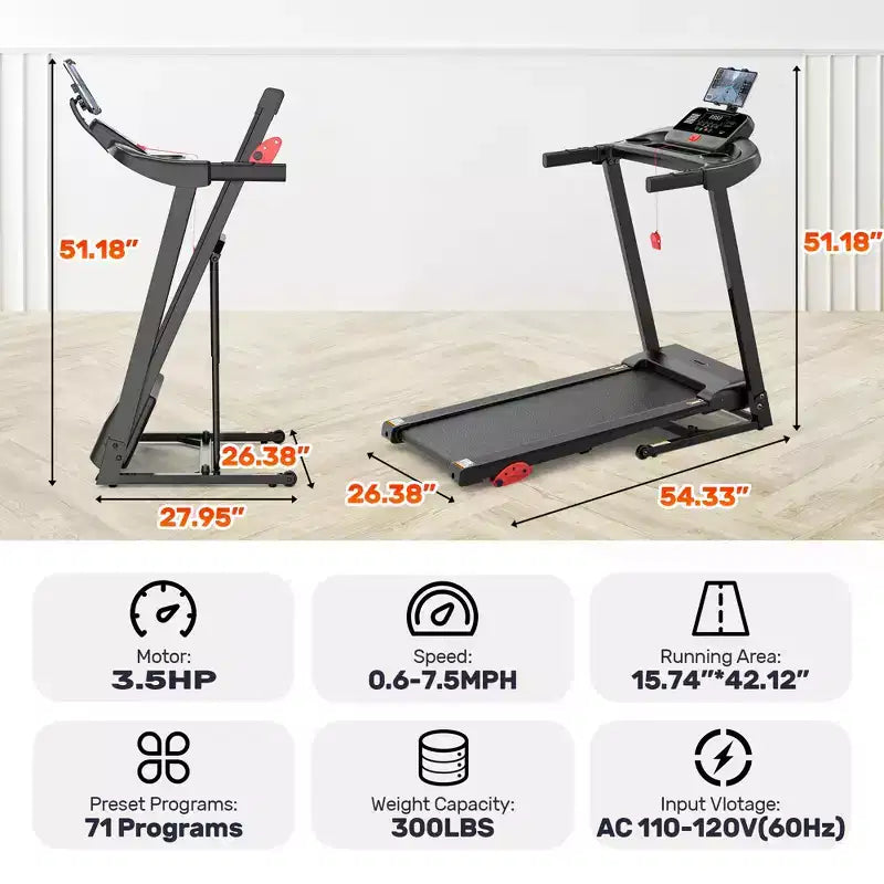 Tapis roulant 3,5 CV pour la maison, tapis de course pliable capacité 136 kg avec plus de 64+7 entraînements, application avec cours gratuits, deux haut-parleurs HiFi, tapis de course pour la marche et la course
