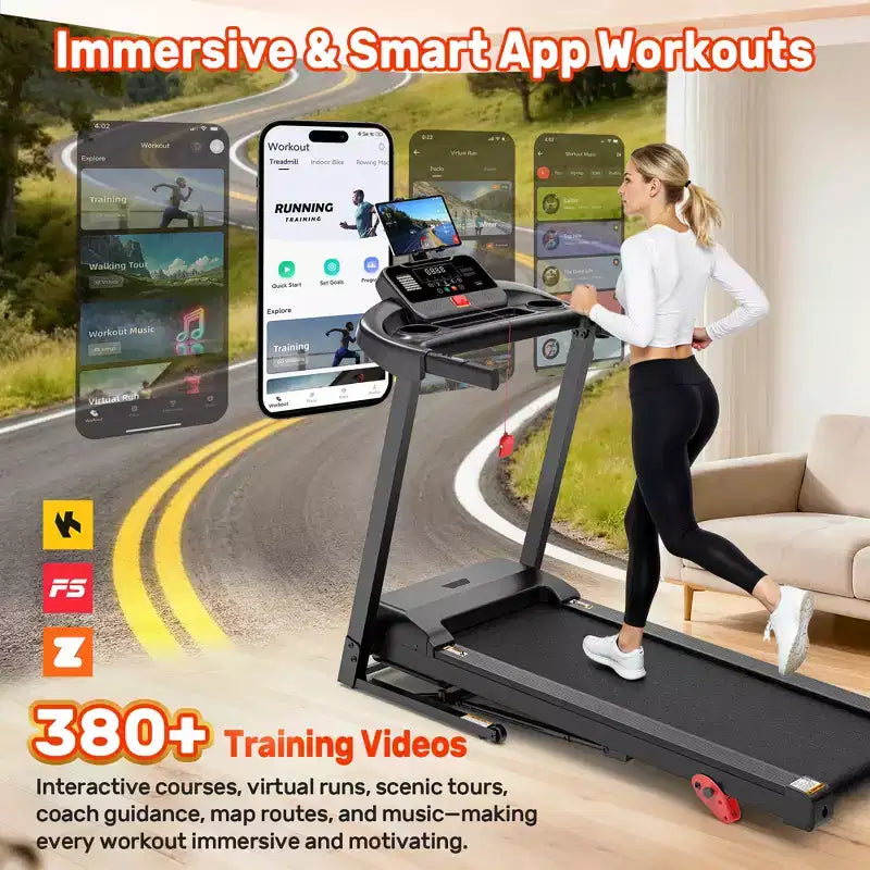 Tapis roulant 3,5 CV pour la maison, tapis de course pliable capacité 136 kg avec plus de 64+7 entraînements, application avec cours gratuits, deux haut-parleurs HiFi, tapis de course pour la marche et la course