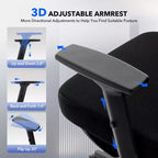 Chaise de bureau ergonomique à dossier haut, chaise de jeu en maille respirante avec support lombaire réglable et accoudoirs 3D