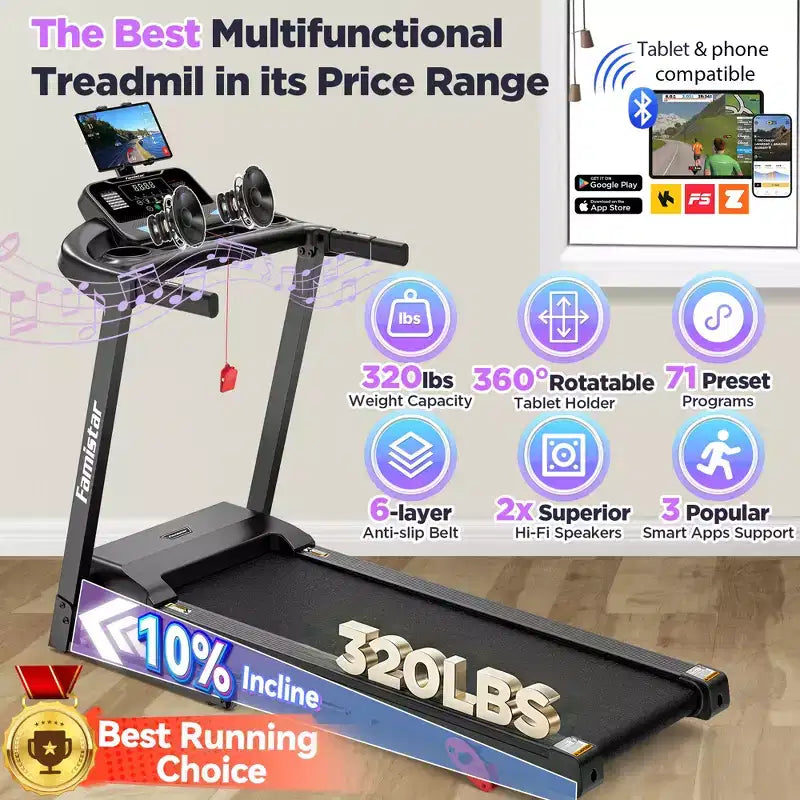 Tapis de course pour la maison, tapis de course pliable portable avec inclinaison réglable, contrôle par application, 64 programmes, capacité de 136 kg, 12 km/h, course, marche, jogging