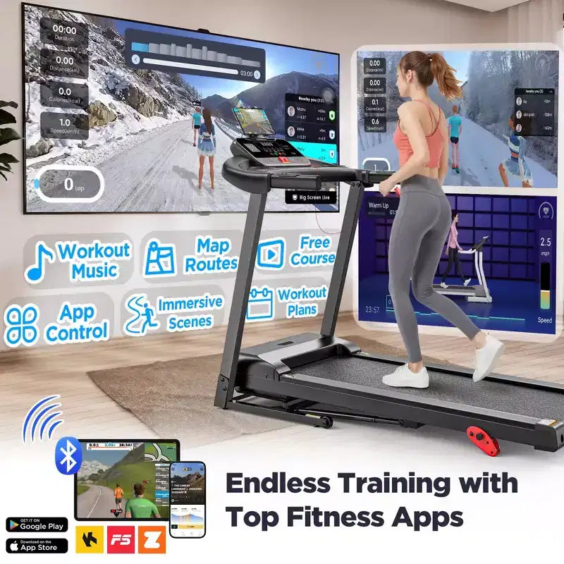 Tapis de course pour la maison, tapis de course pliable portable avec inclinaison réglable, contrôle par application, 64 programmes, capacité de 136 kg, 12 km/h, course, marche, jogging