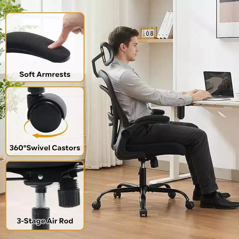 Ergonomic Office Chair, Computer Desk Chair Comfy with Flip-Up Armrests,Comfortable Lumbar Support Gaming Chairs for Bedroom,Study,Student,Wide Seat