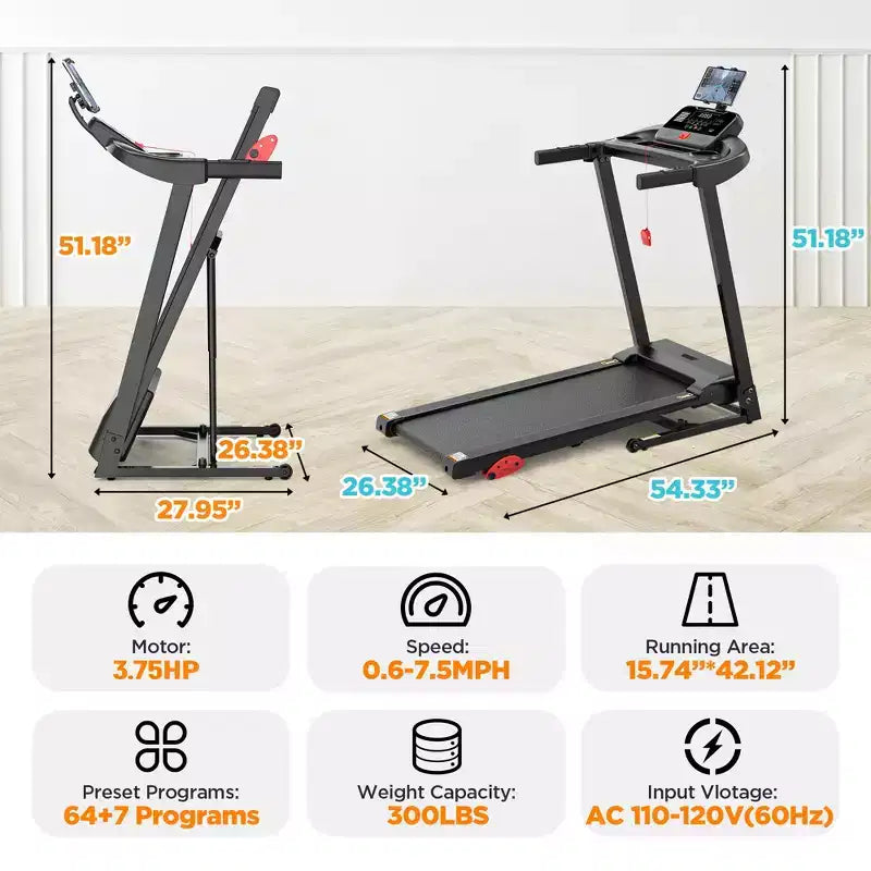 Electric Folding 3.75HP Treadmill for Home w/ Incline&APP,7.5MPH Speed,301lbs,HiFi Bluetooth Speakers,Foldable Treadmill Walking Running Machine