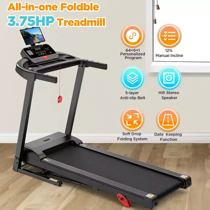 Electric Folding 3.75HP Treadmill for Home w/ Incline&APP,7.5MPH Speed,301lbs,HiFi Bluetooth Speakers,Foldable Treadmill Walking Running Machine