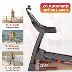 Tapis de course pliable pour usage domestique avec moteur de 4,75 CV, capacité de 136 kg, inclinaison sur 20 niveaux, 71 programmes d'entraînement, Bluetooth et prise en charge d'applications