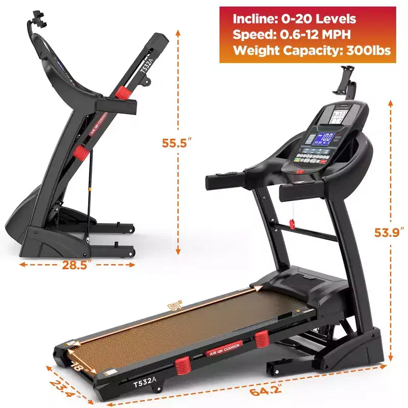 Treadmill with 20% Auto Incline for Home, 300-400 LB Capacity, Folding Running Walking Treadmill, 12 MPH Max Speed, 71 Programs, Bluetooth