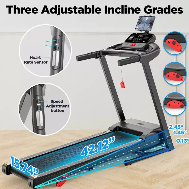 Folding Treadmill 2.75HP Quiet Motor 300 lbs Capacity 64 Preset Programs 3-Level Manual Incline Home Gym