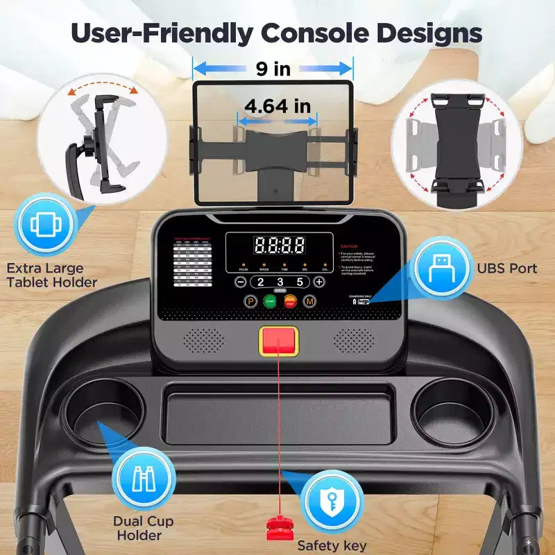 Folding Treadmill 2.75HP Quiet Motor 300 lbs Capacity 64 Preset Programs 3-Level Manual Incline Home Gym