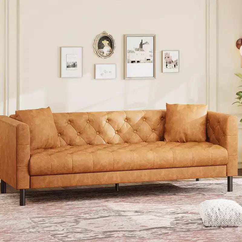 Mid-Century Modern Leather Sofa for Living Room, Chesterfield Sofa with Deep Seats and 2 Pillows, 3 Seater sofa with Butto Tufted Leather sofa