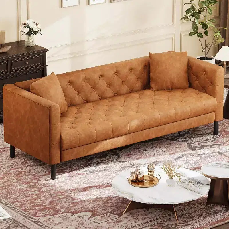 Mid-Century Modern Leather Sofa for Living Room, Chesterfield Sofa with Deep Seats and 2 Pillows, 3 Seater sofa with Butto Tufted Leather sofa