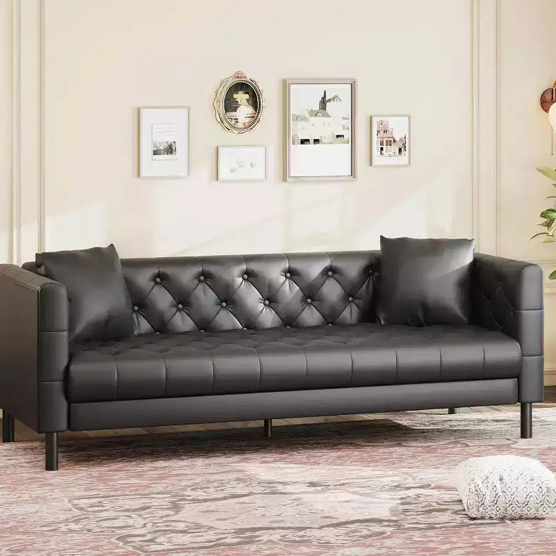 Mid-Century Modern Leather Sofa for Living Room, Chesterfield Sofa with Deep Seats and 2 Pillows, 3 Seater sofa with Butto Tufted Leather sofa