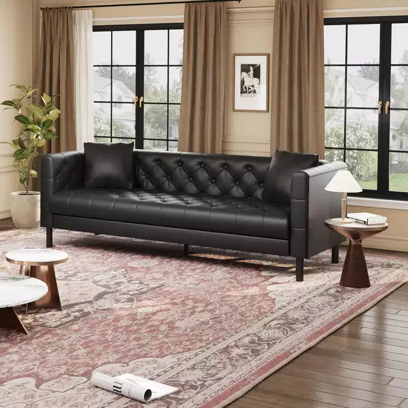 Mid-Century Modern Leather Sofa for Living Room, Chesterfield Sofa with Deep Seats and 2 Pillows, 3 Seater sofa with Butto Tufted Leather sofa