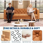 Mid-Century Modern Leather Sofa for Living Room, Chesterfield Sofa with Deep Seats and 2 Pillows, 3 Seater sofa with Butto Tufted Leather sofa