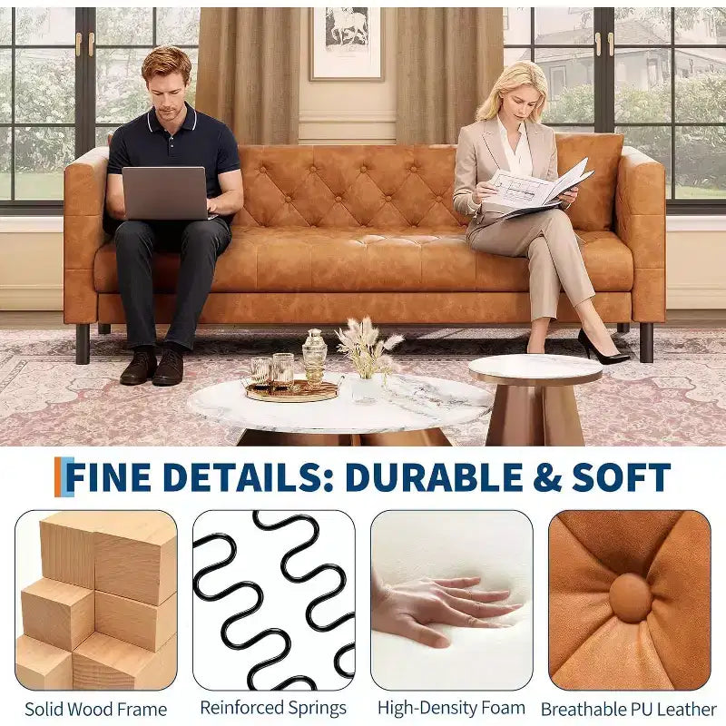Mid-Century Modern Leather Sofa for Living Room, Chesterfield Sofa with Deep Seats and 2 Pillows, 3 Seater sofa with Butto Tufted Leather sofa