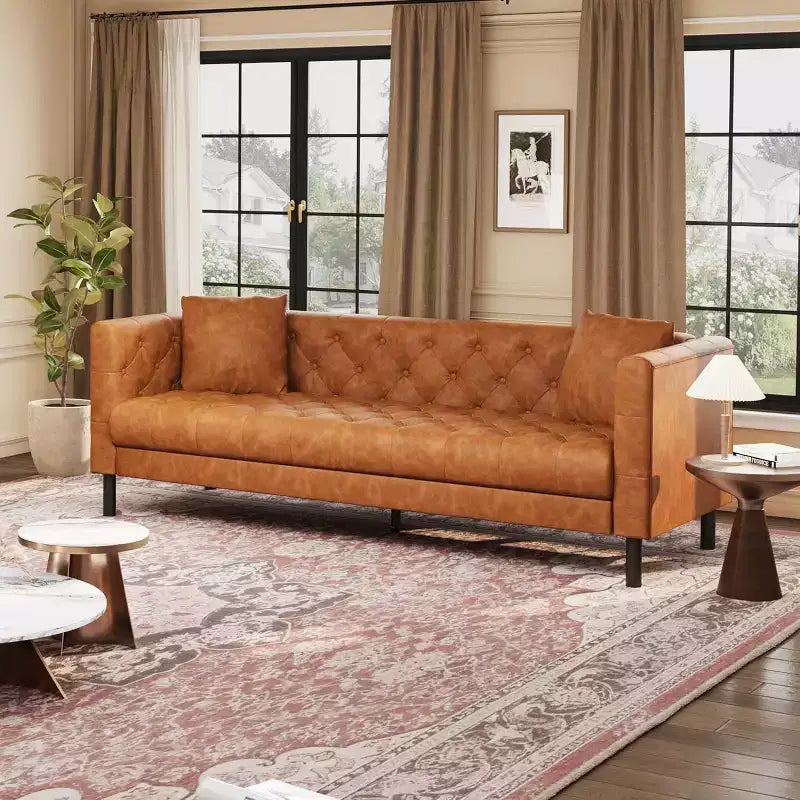 Mid-Century Modern Leather Sofa for Living Room, Chesterfield Sofa with Deep Seats and 2 Pillows, 3 Seater sofa with Butto Tufted Leather sofa