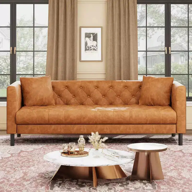 Mid-Century Modern Leather Sofa for Living Room, Chesterfield Sofa with Deep Seats and 2 Pillows, 3 Seater sofa with Butto Tufted Leather sofa
