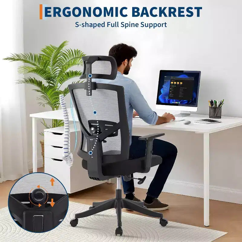 Fauteuil de bureau ergonomique, Chaise de bureau réglable en maille avec support lombaire, Chaise de direction pivotante sur roulettes pour la maison, le bureau et les jeux