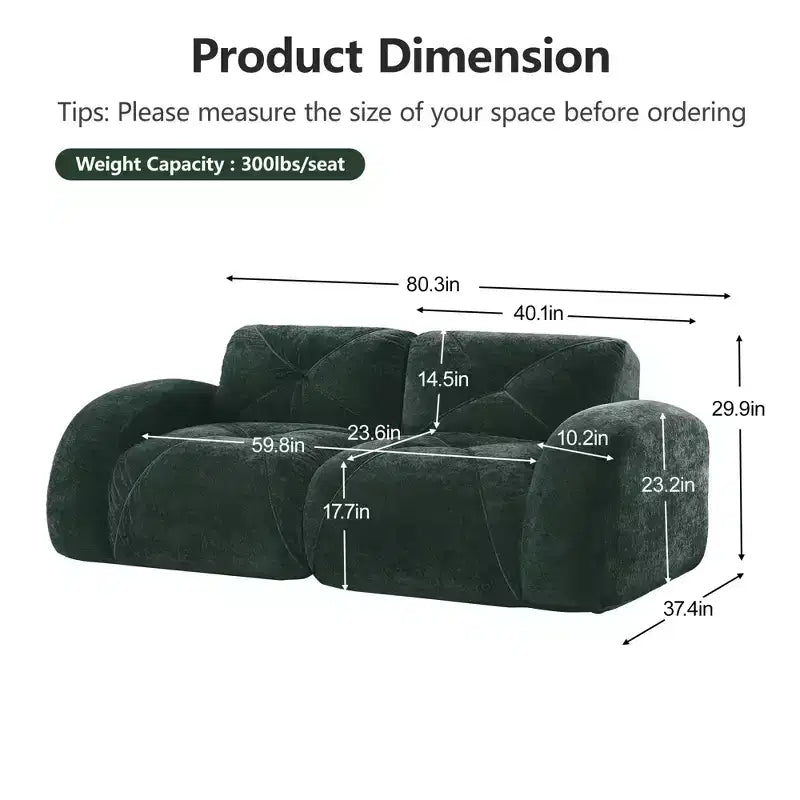 Clihome 2-Seater Tufted Sofa Couches with boneless Sofa,Soft Velvet Fabric,Bottom Anti-Slip Design,32D High Density Sponge,Ergonomic Design Bottom