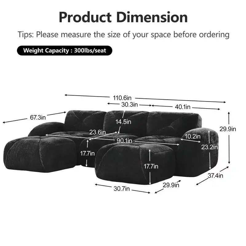 Clihome U-Shaped Boneless Sofa,Tufted Design,32D High Density Sponge,Bottom Anti-Slip Design,Free Combination,Movable Ottoman For Study & Home Theater