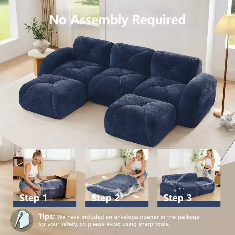 Clihome U-Shaped Boneless Sofa,Tufted Design,32D High Density Sponge,Bottom Anti-Slip Design,Free Combination,Movable Ottoman For Study & Home Theater