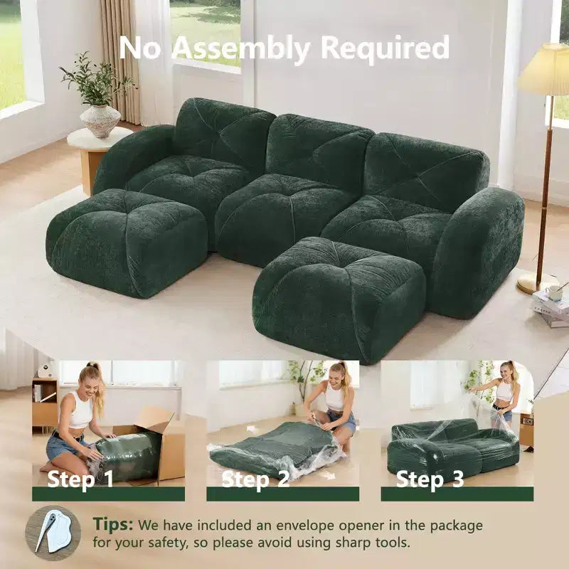 Clihome U-Shaped Boneless Sofa,Tufted Design,32D High Density Sponge,Bottom Anti-Slip Design,Free Combination,Movable Ottoman For Study & Home Theater