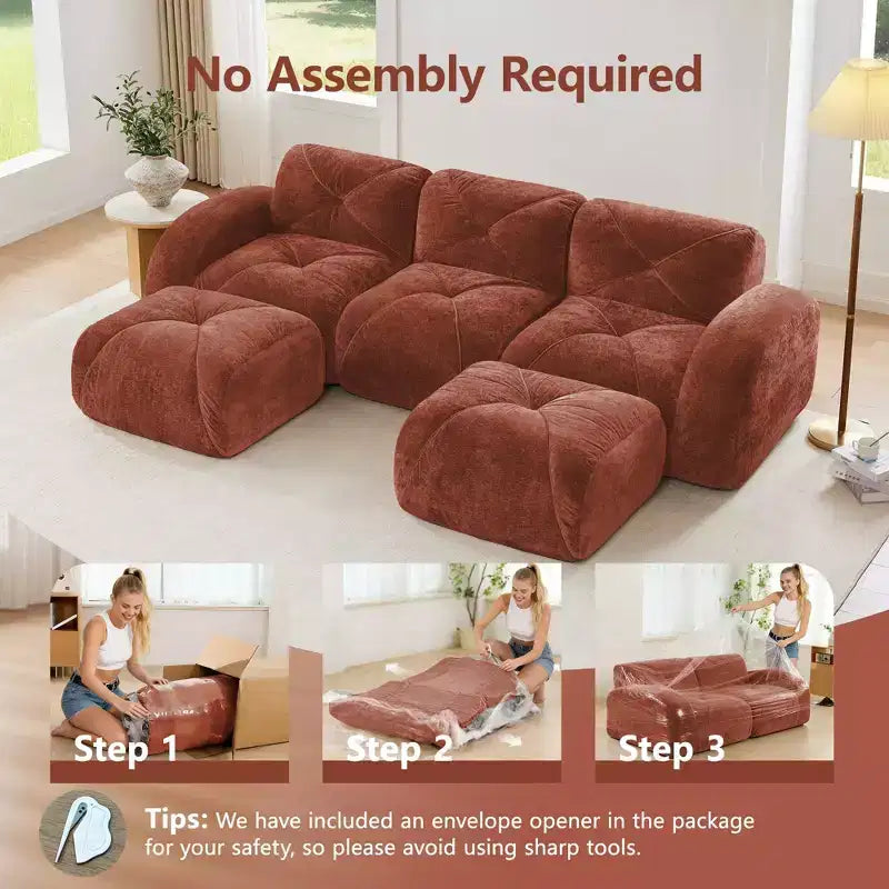 Clihome U-Shaped Boneless Sofa,Tufted Design,32D High Density Sponge,Bottom Anti-Slip Design,Free Combination,Movable Ottoman For Study & Home Theater