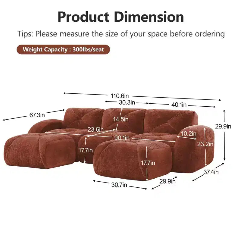 Clihome U-Shaped Boneless Sofa,Tufted Design,32D High Density Sponge,Bottom Anti-Slip Design,Free Combination,Movable Ottoman For Study & Home Theater