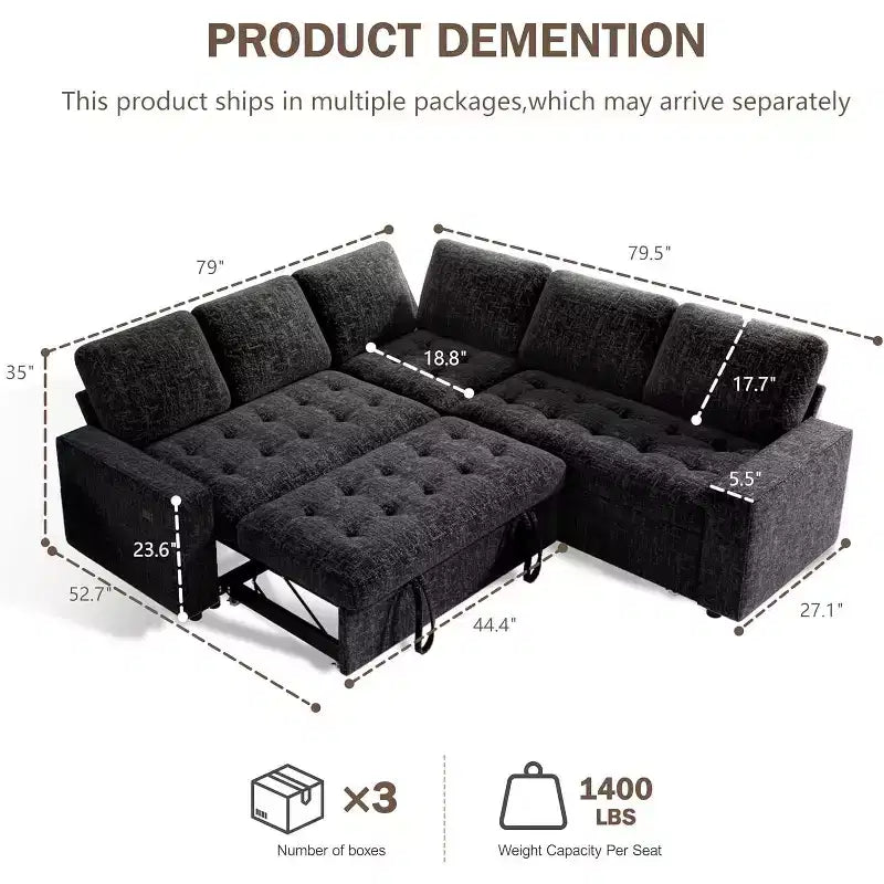 Dyonery 5 Seat L-Shaped Modular Sectional Sleeper Sofa Bed with Pull Out Bed/Reclining Backrest/USB/Storage Seat,Tool-Free Assembly