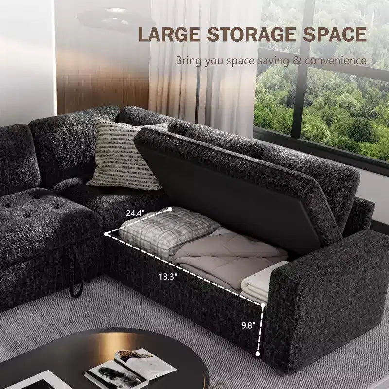 Dyonery 5 Seat L-Shaped Modular Sectional Sleeper Sofa Bed with Pull Out Bed/Reclining Backrest/USB/Storage Seat,Tool-Free Assembly