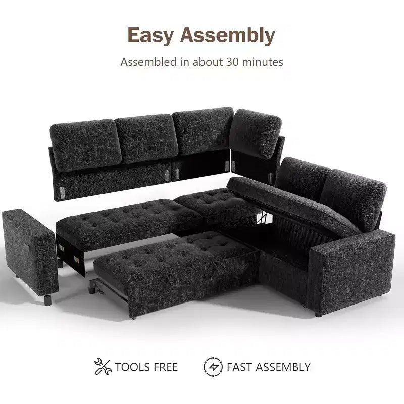 Dyonery 5 Seat L-Shaped Modular Sectional Sleeper Sofa Bed with Pull Out Bed/Reclining Backrest/USB/Storage Seat,Tool-Free Assembly