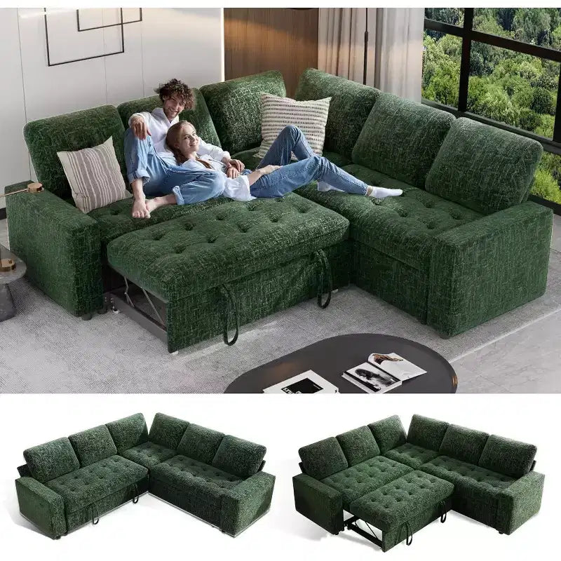 Dyonery 5 Seat L-Shaped Modular Sectional Sleeper Sofa Bed with Pull Out Bed/Reclining Backrest/USB/Storage Seat,Tool-Free Assembly