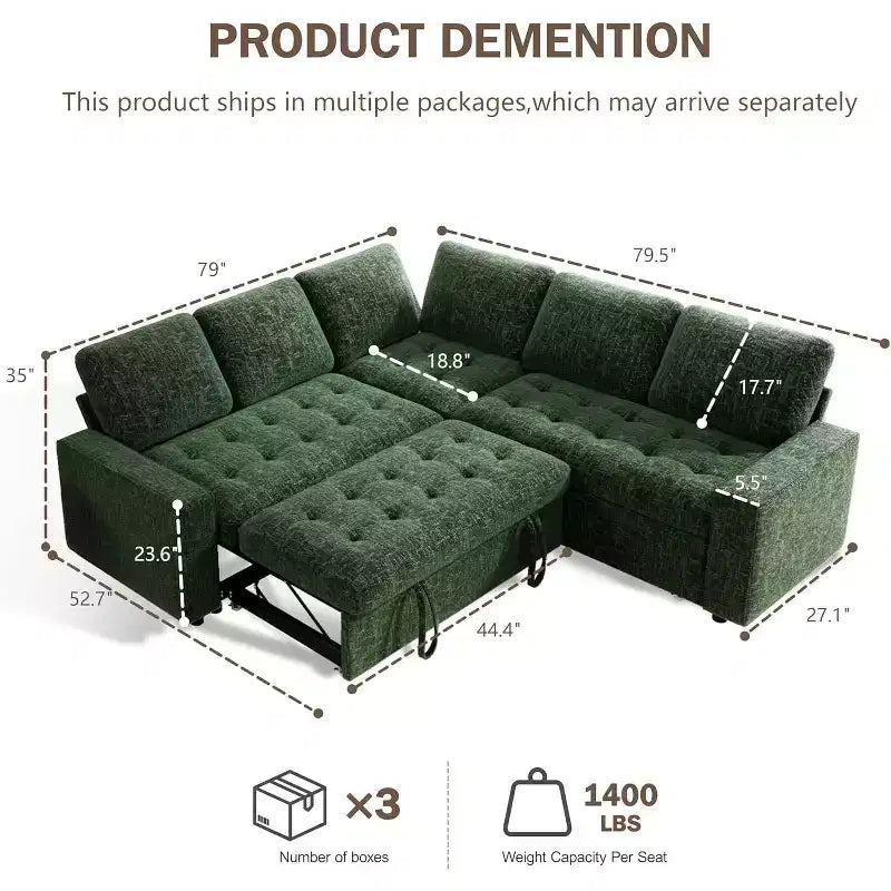 Dyonery 5 Seat L-Shaped Modular Sectional Sleeper Sofa Bed with Pull Out Bed/Reclining Backrest/USB/Storage Seat,Tool-Free Assembly