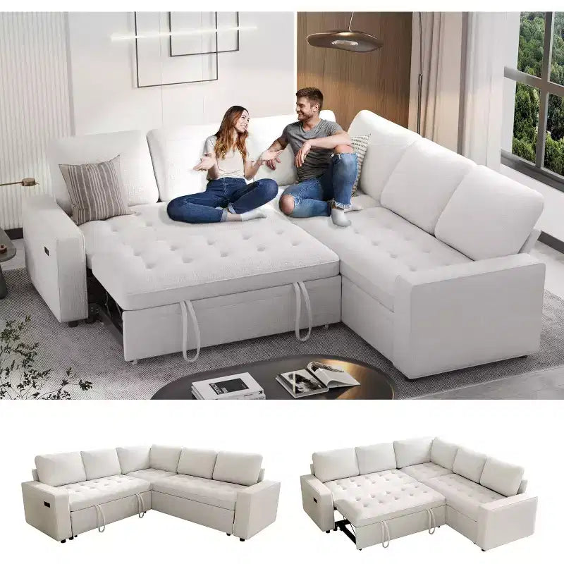 Dyonery 5 Seat L-Shaped Modular Sectional Sleeper Sofa Bed with Pull Out Bed/Reclining Backrest/USB/Storage Seat,Tool-Free Assembly