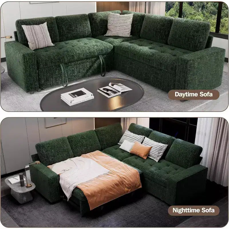 Dyonery 5 Seat L-Shaped Modular Sectional Sleeper Sofa Bed with Pull Out Bed/Reclining Backrest/USB/Storage Seat,Tool-Free Assembly
