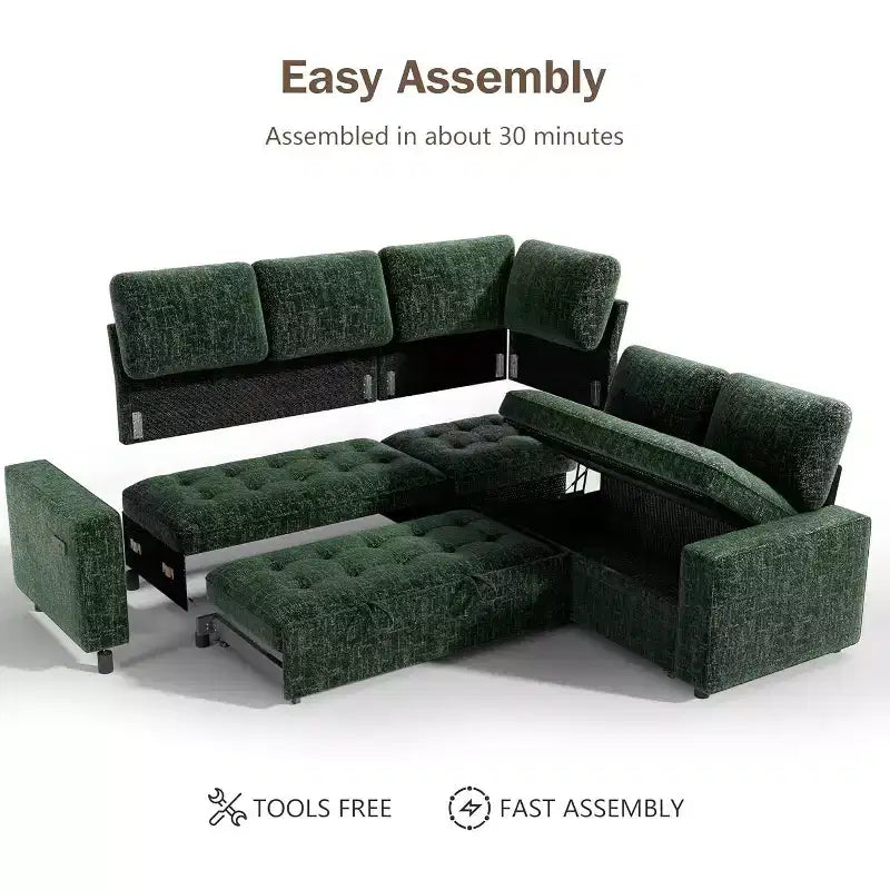 Dyonery 5 Seat L-Shaped Modular Sectional Sleeper Sofa Bed with Pull Out Bed/Reclining Backrest/USB/Storage Seat,Tool-Free Assembly