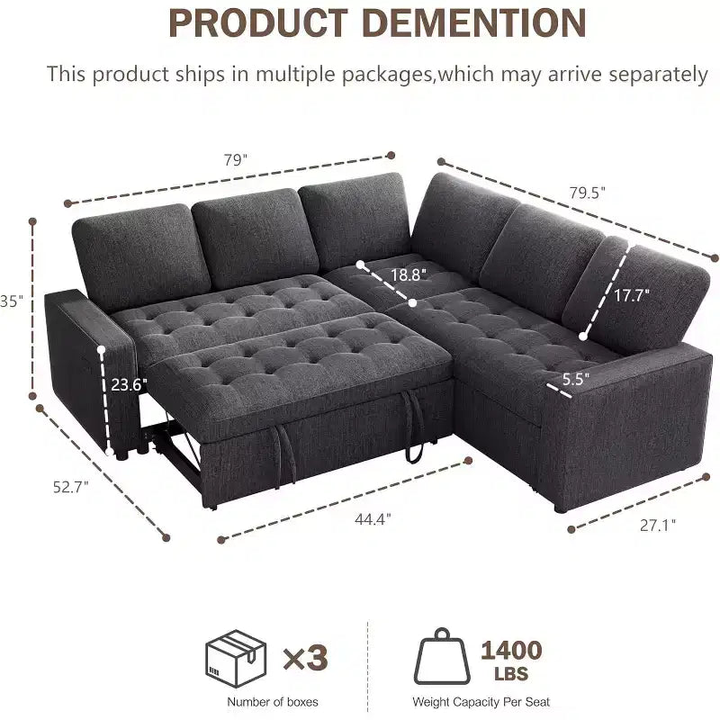 Dyonery 5 Seat L-Shaped Modular Sectional Sleeper Sofa Bed with Pull Out Bed/Reclining Backrest/USB/Storage Seat,Tool-Free Assembly