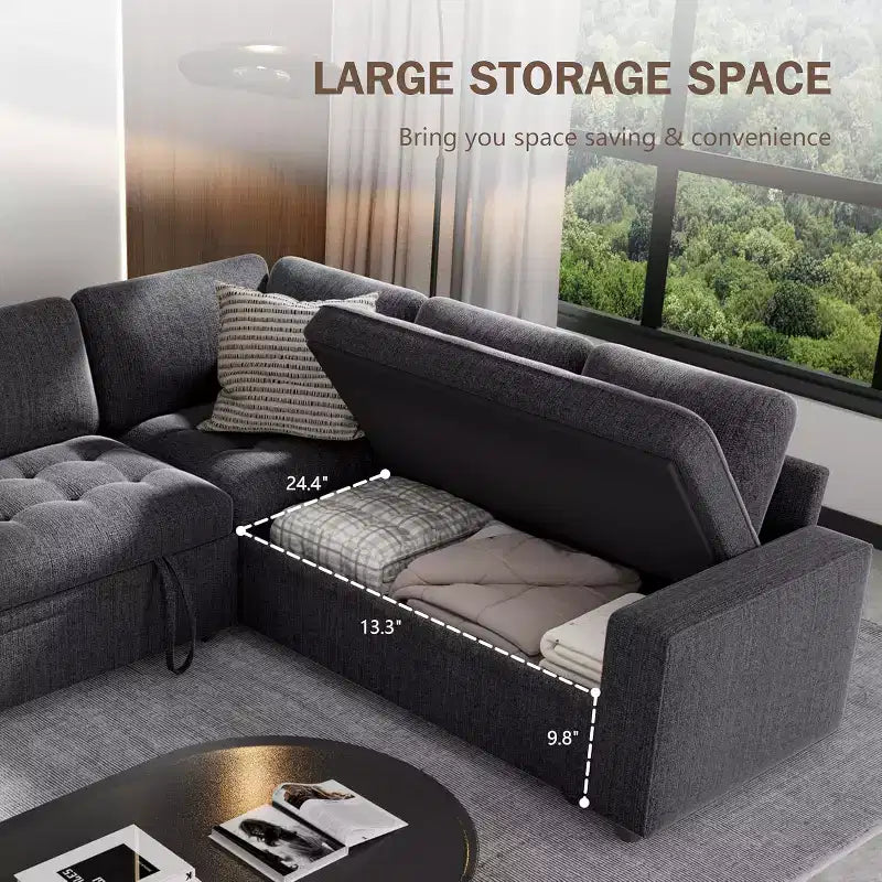 Dyonery 5 Seat L-Shaped Modular Sectional Sleeper Sofa Bed with Pull Out Bed/Reclining Backrest/USB/Storage Seat,Tool-Free Assembly