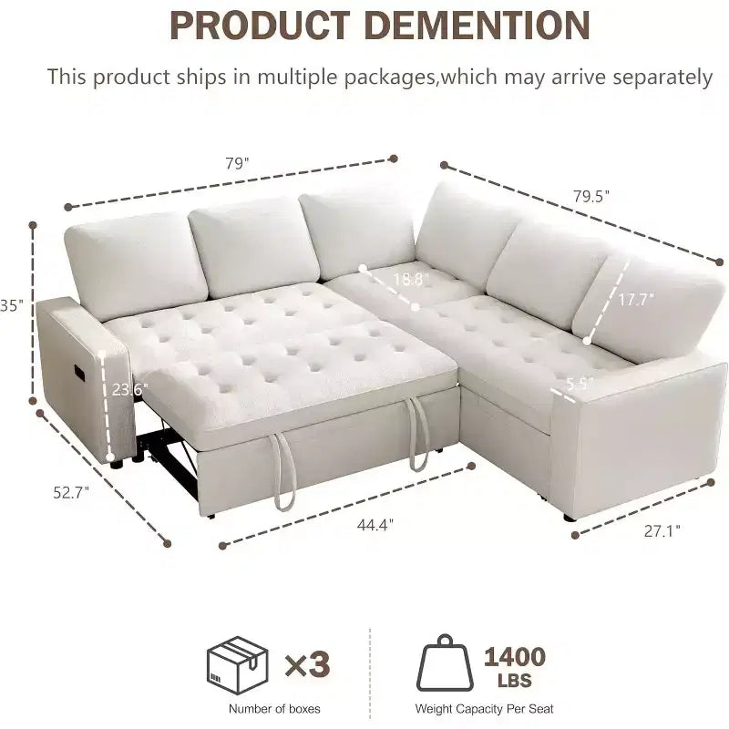 Dyonery 5 Seat L-Shaped Modular Sectional Sleeper Sofa Bed with Pull Out Bed/Reclining Backrest/USB/Storage Seat,Tool-Free Assembly