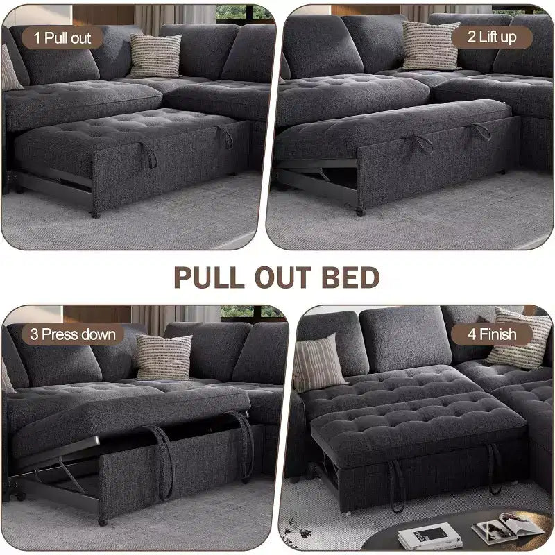 Dyonery 5 Seat L-Shaped Modular Sectional Sleeper Sofa Bed with Pull Out Bed/Reclining Backrest/USB/Storage Seat,Tool-Free Assembly