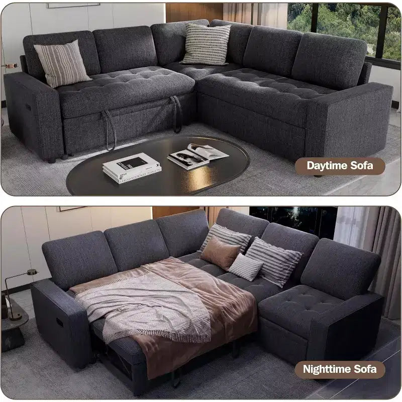 Dyonery 5 Seat L-Shaped Modular Sectional Sleeper Sofa Bed with Pull Out Bed/Reclining Backrest/USB/Storage Seat,Tool-Free Assembly